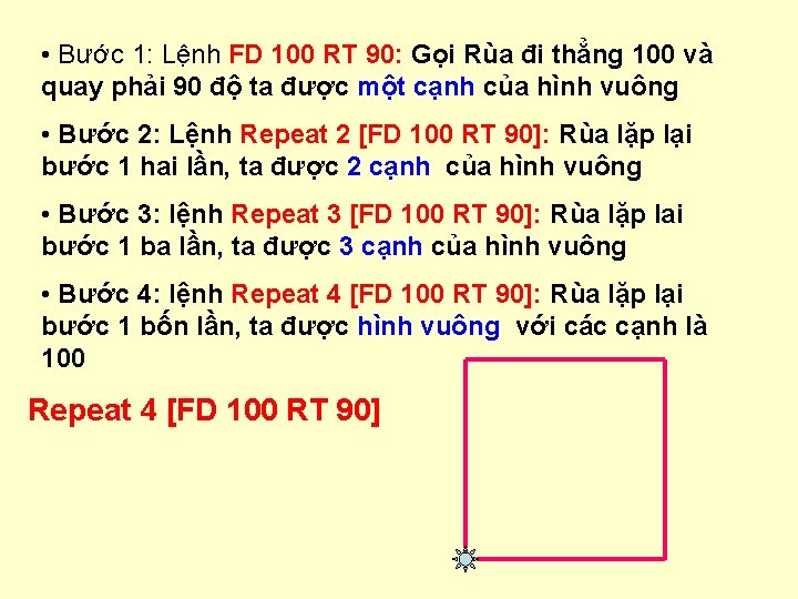  • Bước 1: Lệnh FD 100 RT 90: Gọi Rùa đi thẳng 100