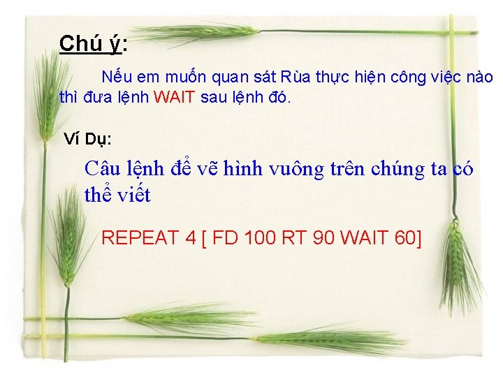 Chú ý: Nếu em muốn quan sát Rùa thực hiện công việc nào thì