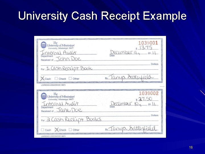 University Cash Receipt Example 16 