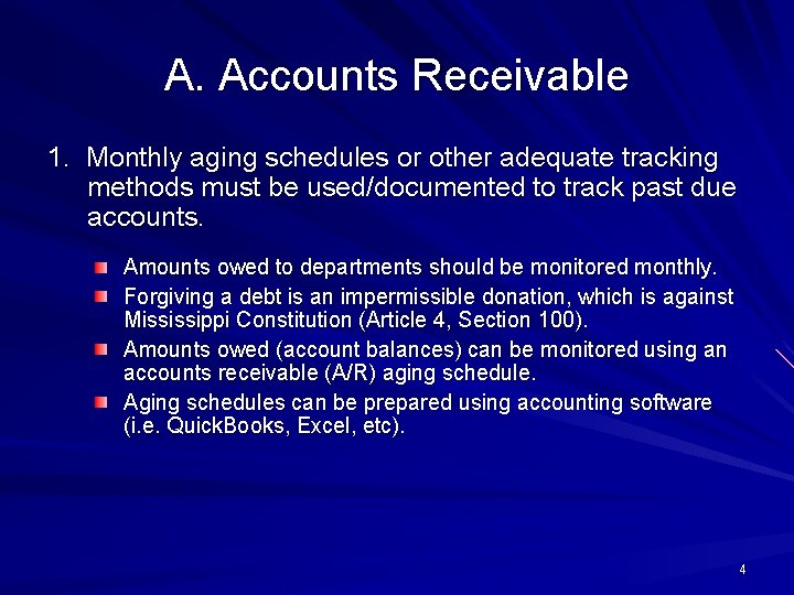 A. Accounts Receivable 1. Monthly aging schedules or other adequate tracking methods must be