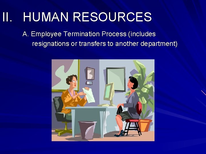 II. HUMAN RESOURCES A. Employee Termination Process (includes resignations or transfers to another department)