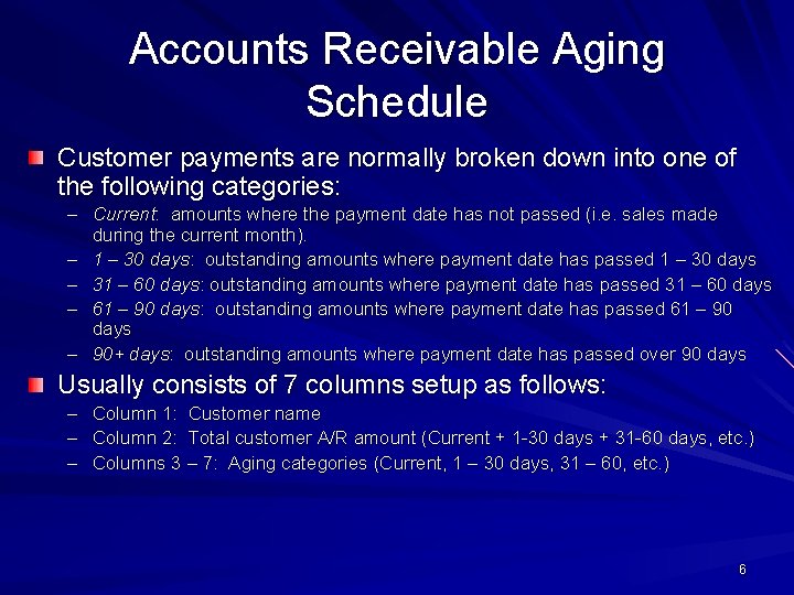 Accounts Receivable Aging Schedule Customer payments are normally broken down into one of the