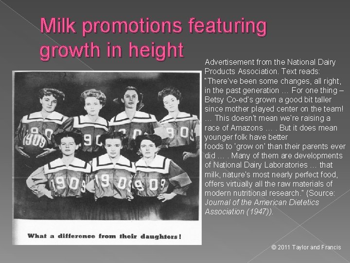 Milk promotions featuring growth in height Advertisement from the National Dairy Products Association. Text