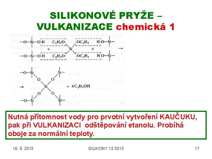 SILIKONOVÉ PRYŽE – VULKANIZACE chemická 1 Nutná přítomnost vody pro prvotní vytvoření KAUČUKU, pak