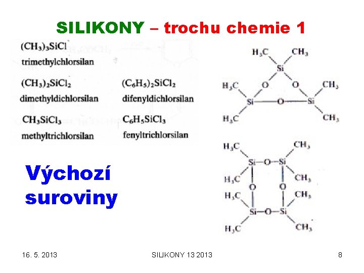 SILIKONY – trochu chemie 1 Výchozí suroviny 16. 5. 2013 SILIKONY 13 2013 8