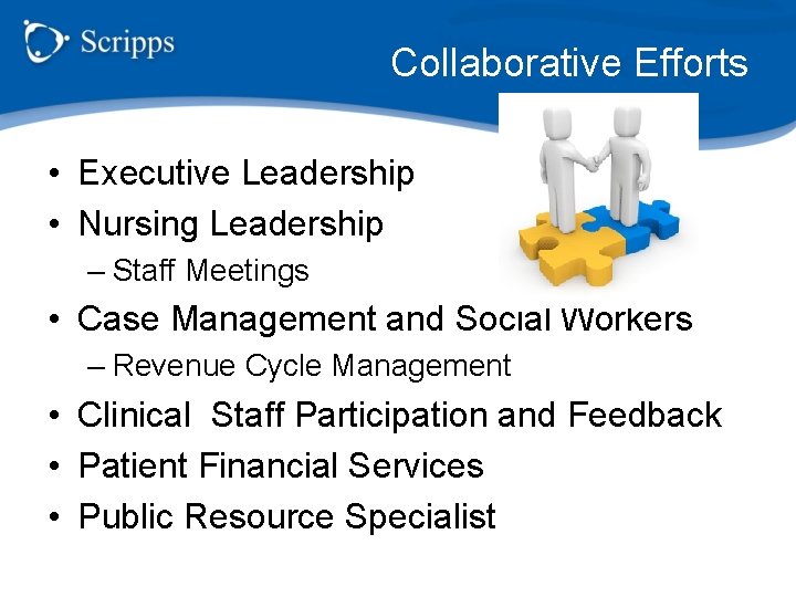 Collaborative Efforts • Executive Leadership • Nursing Leadership – Staff Meetings • Case Management