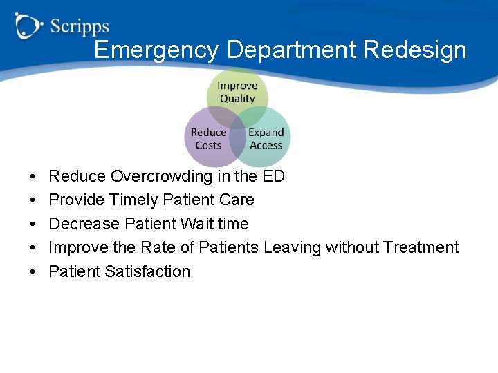 Emergency Department Redesign • • • Reduce Overcrowding in the ED Provide Timely Patient