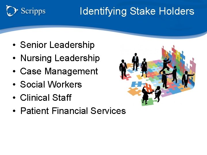 Identifying Stake Holders • • • Senior Leadership Nursing Leadership Case Management Social Workers