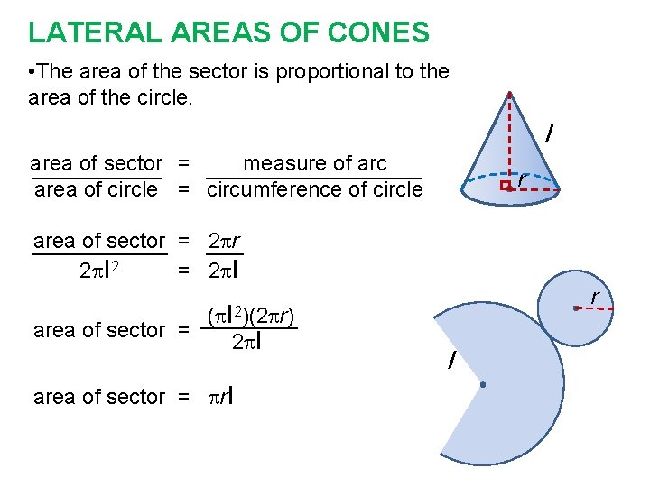 LATERAL AREAS OF CONES • The area of the sector is proportional to the