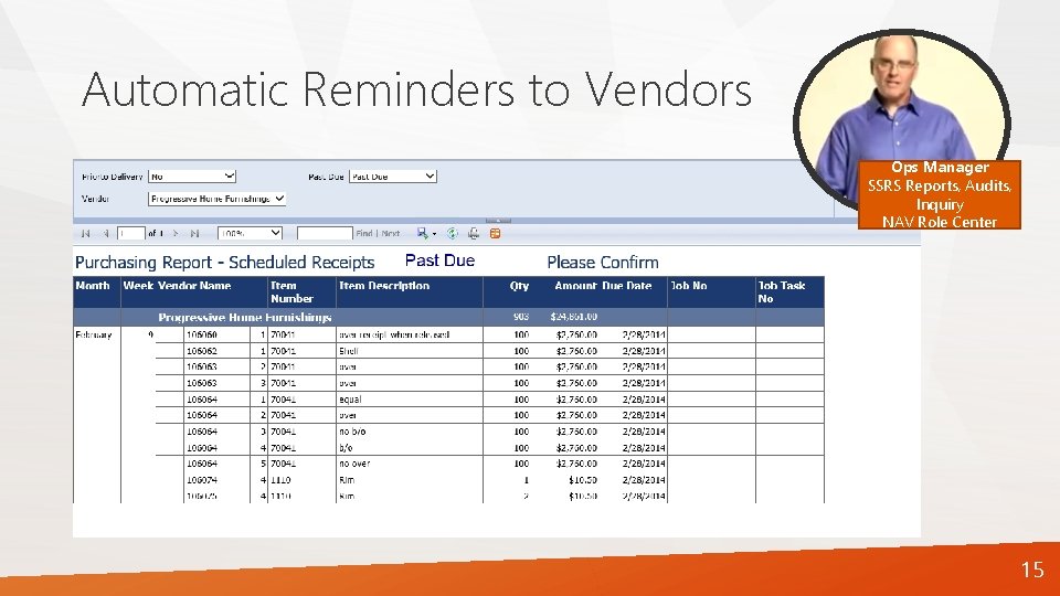 Automatic Reminders to Vendors Ops Manager SSRS Reports, Audits, Inquiry NAV Role Center 15