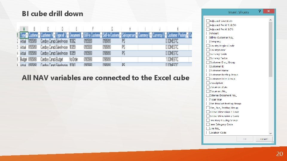BI cube drill down All NAV variables are connected to the Excel cube 20