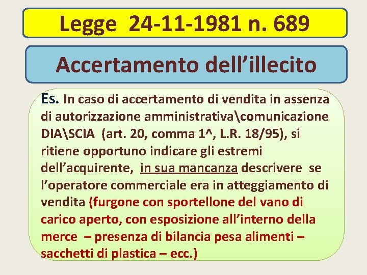 Legge 24 -11 -1981 n. 689 Accertamento dell’illecito Es. In caso di accertamento di