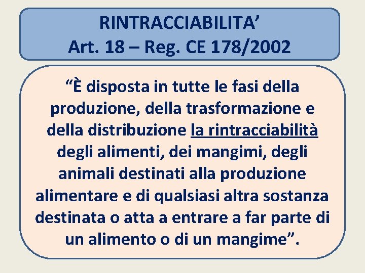 RINTRACCIABILITA’ Art. 18 – Reg. CE 178/2002 “È disposta in tutte le fasi della