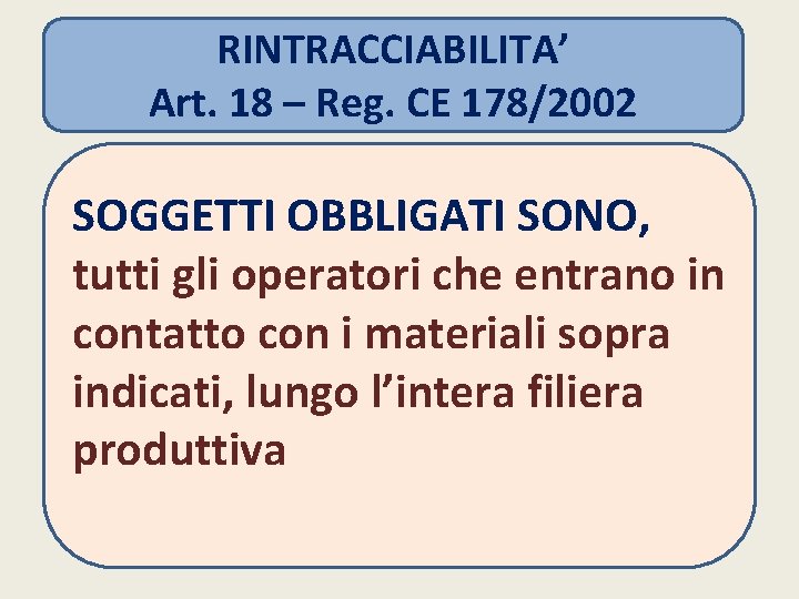 RINTRACCIABILITA’ Art. 18 – Reg. CE 178/2002 SOGGETTI OBBLIGATI SONO, tutti gli operatori che