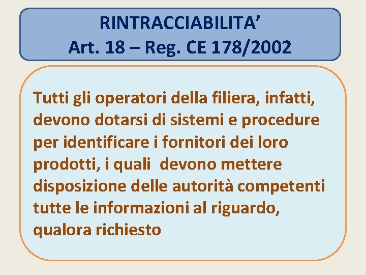 RINTRACCIABILITA’ Art. 18 – Reg. CE 178/2002 Tutti gli operatori della filiera, infatti, devono