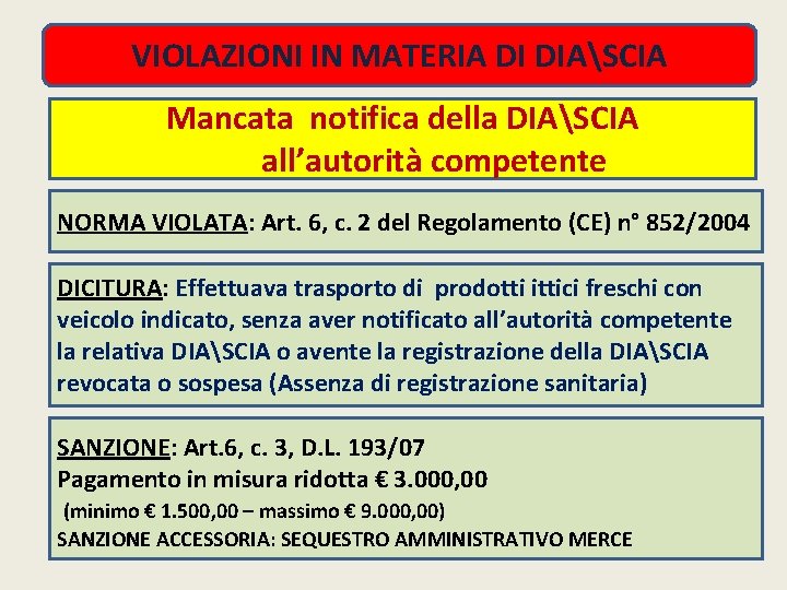 VIOLAZIONI IN MATERIA DI DIASCIA Mancata notifica della DIASCIA all’autorità competente NORMA VIOLATA: Art.