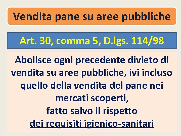 Vendita pane su aree pubbliche Art. 30, comma 5, D. lgs. 114/98 Abolisce ogni