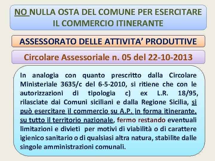 NO NULLA OSTA DEL COMUNE PER ESERCITARE IL COMMERCIO ITINERANTE ASSESSORATO DELLE ATTIVITA’ PRODUTTIVE