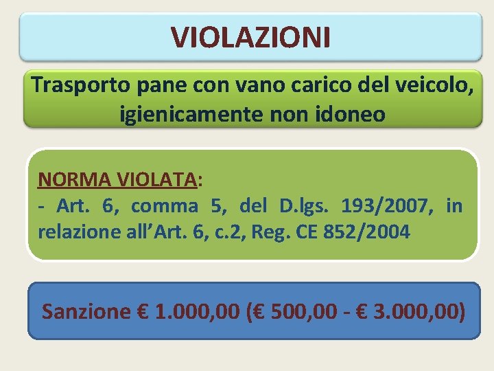 VIOLAZIONI Trasporto pane con vano carico del veicolo, igienicamente non idoneo NORMA VIOLATA: -