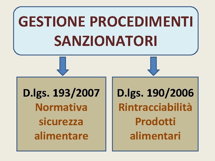 GESTIONE PROCEDIMENTI SANZIONATORI D. lgs. 193/2007 Normativa sicurezza alimentare D. lgs. 190/2006 Rintracciabilità Prodotti