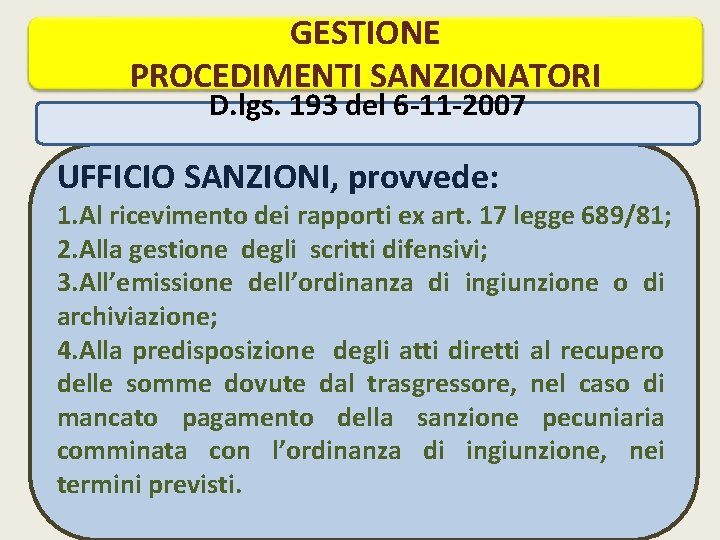 GESTIONE PROCEDIMENTI SANZIONATORI D. lgs. 193 del 6 -11 -2007 UFFICIO SANZIONI, provvede: 1.