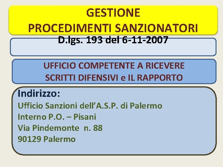GESTIONE PROCEDIMENTI SANZIONATORI D. lgs. 193 del 6 -11 -2007 UFFICIO COMPETENTE A RICEVERE