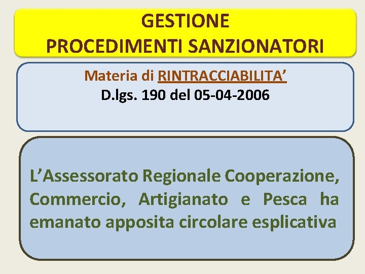 GESTIONE PROCEDIMENTI SANZIONATORI Materia di RINTRACCIABILITA’ D. lgs. 190 del 05 -04 -2006 L’Assessorato