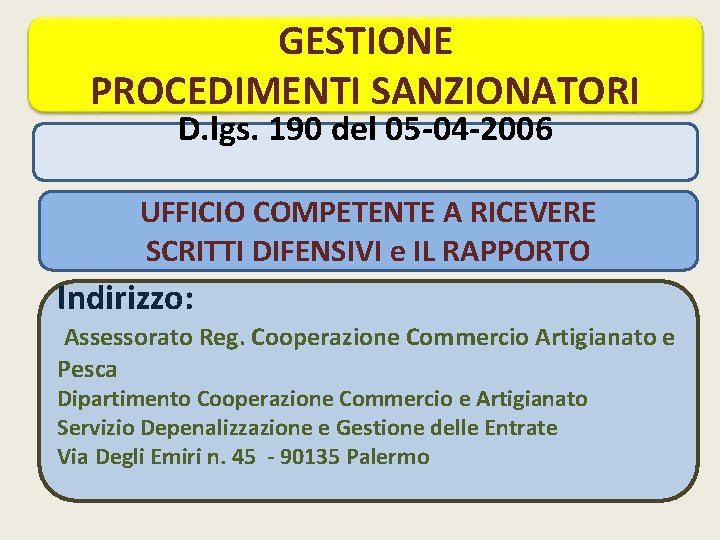 GESTIONE PROCEDIMENTI SANZIONATORI D. lgs. 190 del 05 -04 -2006 UFFICIO COMPETENTE A RICEVERE