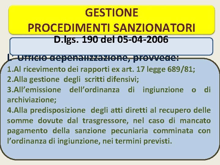 GESTIONE PROCEDIMENTI SANZIONATORI D. lgs. 190 del 05 -04 -2006 L’ Ufficio depenalizzazione, provvede: