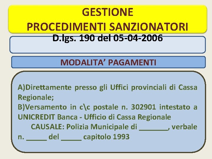 GESTIONE PROCEDIMENTI SANZIONATORI D. lgs. 190 del 05 -04 -2006 MODALITA’ PAGAMENTI A)Direttamente presso