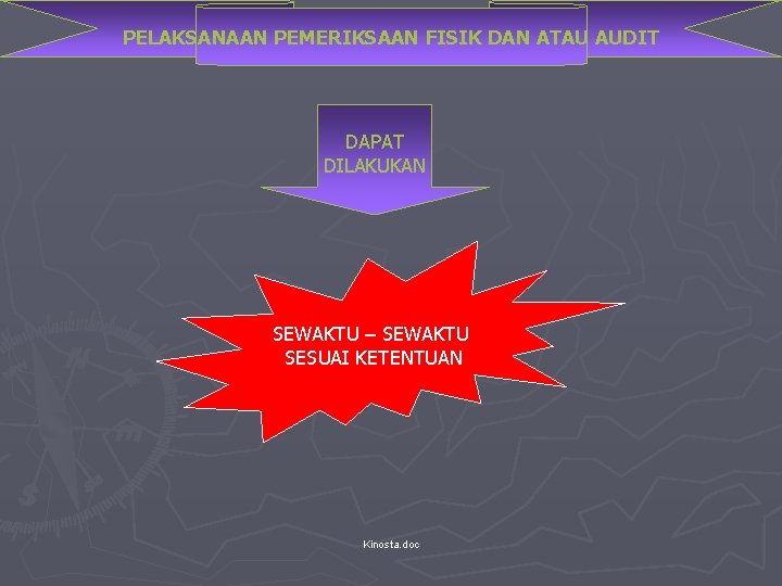 PELAKSANAAN PEMERIKSAAN FISIK DAN ATAU AUDIT DAPAT DILAKUKAN SEWAKTU – SEWAKTU SESUAI KETENTUAN Kinosta.