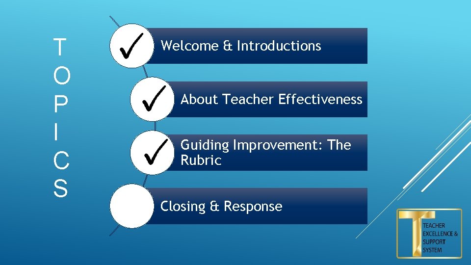 T O P I C S Welcome & Introductions About Teacher Effectiveness Guiding Improvement: