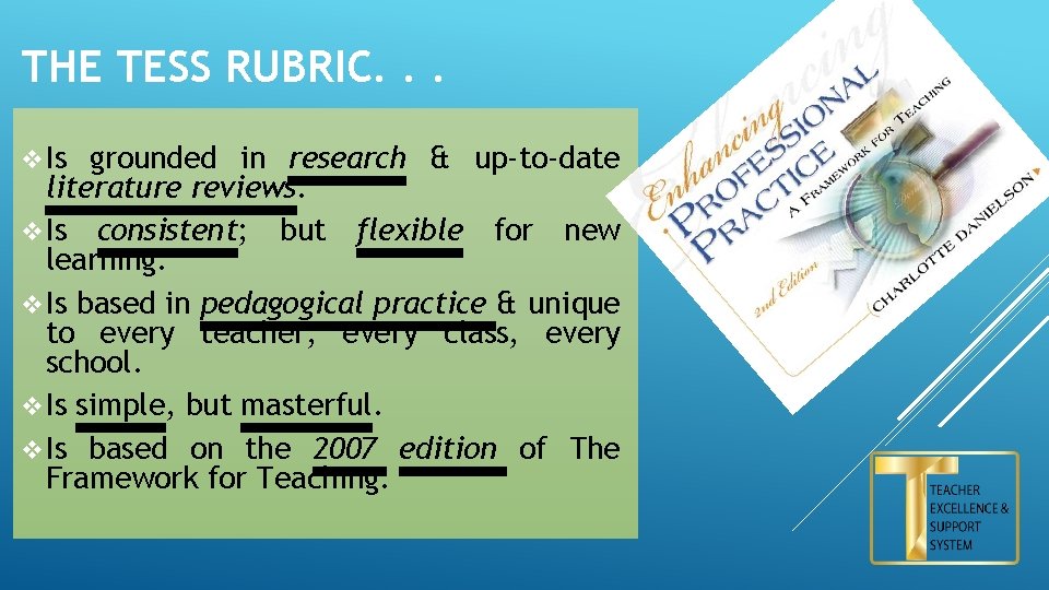 THE TESS RUBRIC. . . v Is grounded in research & up-to-date literature reviews.