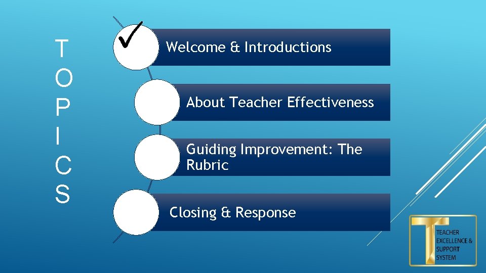 T O P I C S Welcome & Introductions About Teacher Effectiveness Guiding Improvement: