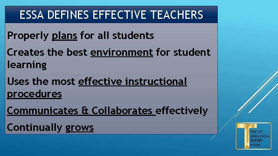 ESSA DEFINES EFFECTIVE TEACHERS Properly plans for all students Creates the best environment for