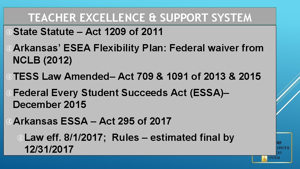 TEACHER EXCELLENCE & SUPPORT SYSTEM State Statute – Act 1209 of 2011 Arkansas’ ESEA