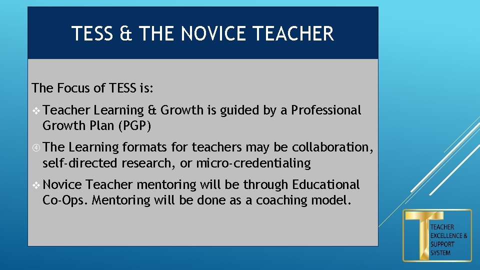 TESS & THE NOVICE TEACHER The Focus of TESS is: v Teacher Learning &