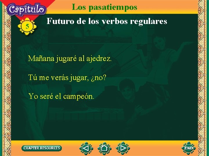 Los pasatiempos 5 Futuro de los verbos regulares Mañana jugaré al ajedrez. Tú me