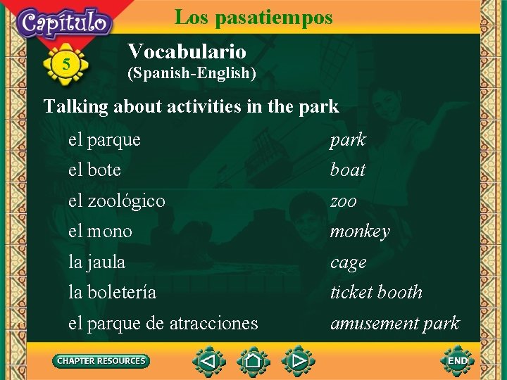 Los pasatiempos 5 Vocabulario (Spanish-English) Talking about activities in the park el parque park