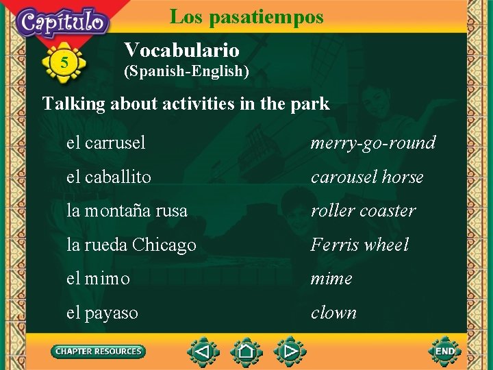 Los pasatiempos 5 Vocabulario (Spanish-English) Talking about activities in the park el carrusel merry-go-round