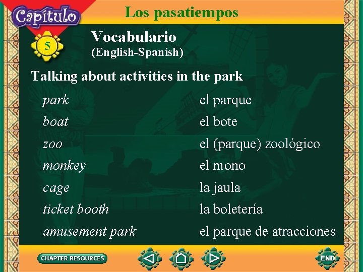 Los pasatiempos 5 Vocabulario (English-Spanish) Talking about activities in the park el parque boat