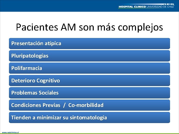 Pacientes AM son más complejos Presentación atípica Pluripatologías Polifarmacia Deterioro Cognitivo Problemas Sociales Condiciones