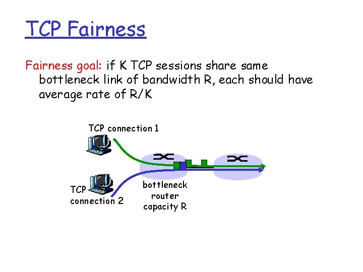 TCP Fairness goal: if K TCP sessions share same bottleneck link of bandwidth R,