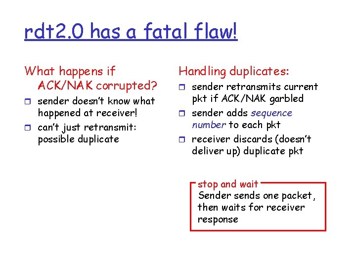 rdt 2. 0 has a fatal flaw! What happens if ACK/NAK corrupted? r sender