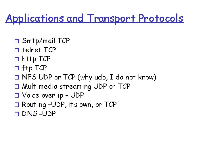 Applications and Transport Protocols r Smtp/mail TCP r telnet TCP r http TCP r