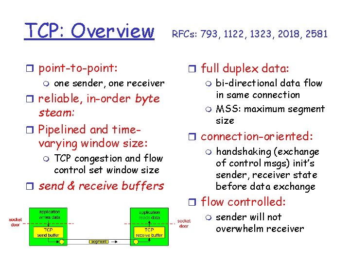 TCP: Overview r point-to-point: m one sender, one receiver r reliable, in-order byte steam: