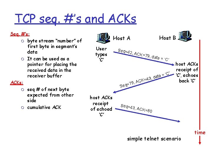 TCP seq. #’s and ACKs Seq. #’s: m byte stream “number” of first byte