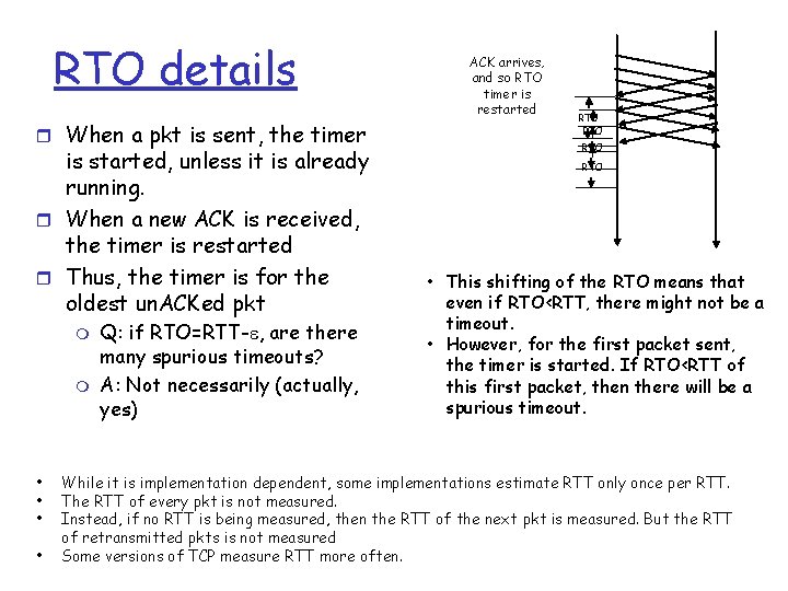 RTO details r When a pkt is sent, the timer is started, unless it