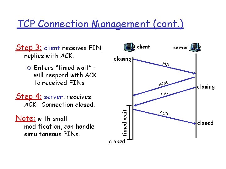 TCP Connection Management (cont. ) Step 3: client receives FIN, replies with ACK. m