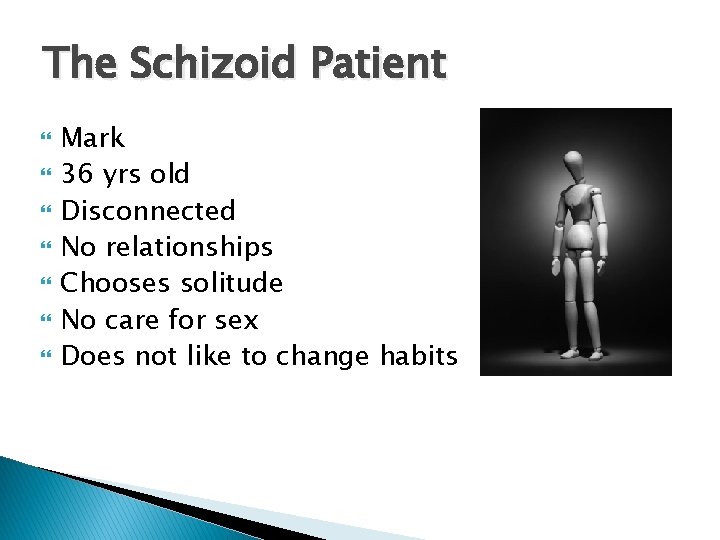 The Schizoid Patient Mark 36 yrs old Disconnected No relationships Chooses solitude No care